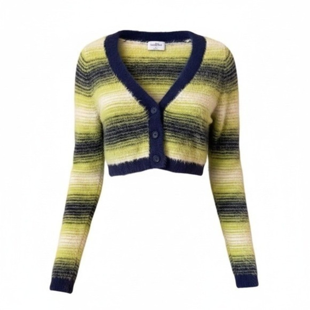 Sunday Best Cropped Fuzzy Striped Cardigan Sweater Green Blue Womens